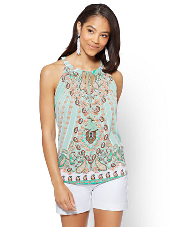 Tie-Front Halter Blouse - Print - 7th Avenue | New York & Company