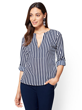 NY&C: V-Neck Popover Blouse - Stripe - 7th Avenue