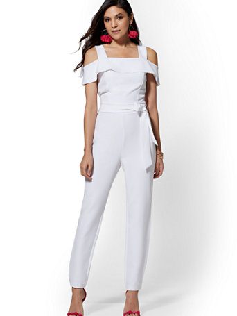 cold shoulder white jumpsuit