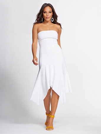 white strapless high low dress