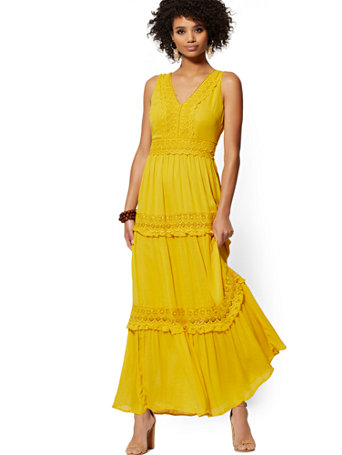 NY\u0026C: Yellow Lace-Accent Tiered Maxi Dress