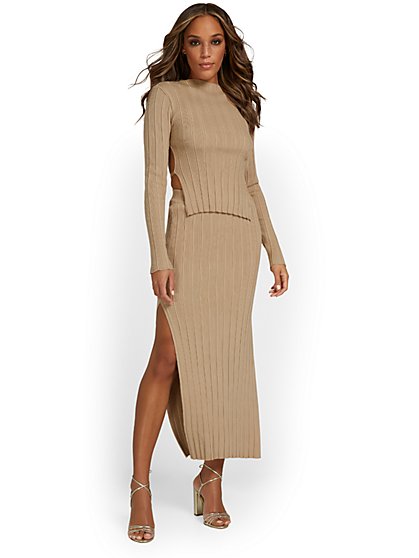 2-Piece Ribbed Knit Open-Back Top & Maxi Skirt Set - Beige Botany - New York & Company