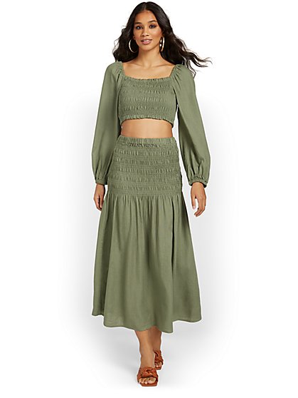 2-Piece Smocked Long-Sleeve Crop Top & Maxi Skirt Set - Crescent - New York & Company
