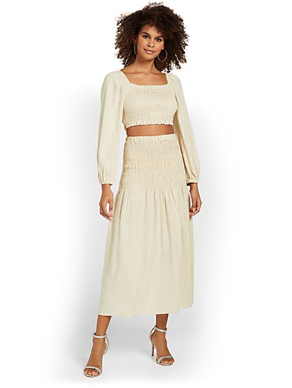 2-Piece Smocked Long-Sleeve Crop Top & Maxi Skirt Set - Crescent - New York & Company