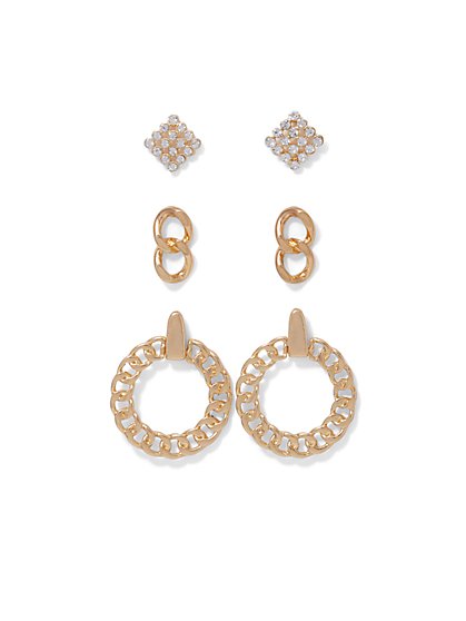3-Piece Gold-Tone Pave Earring Set - New York & Company