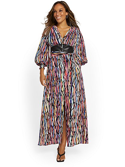 Abstract-Print Belted Maxi Dress - New York & Company