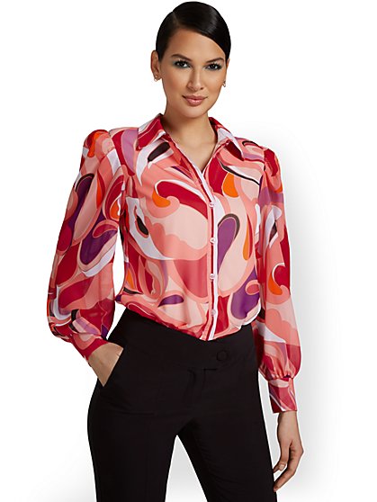 Abstract-Print Chiffon Button-Front Blouse - New York & Company