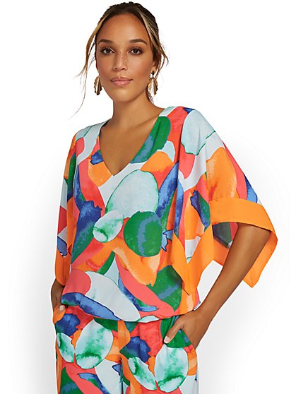 Abstract-Print Kimono-Sleeve Blouse - New York & Company
