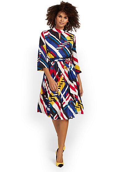 Abstract-Print Pleated Midi Dress - New York & Company