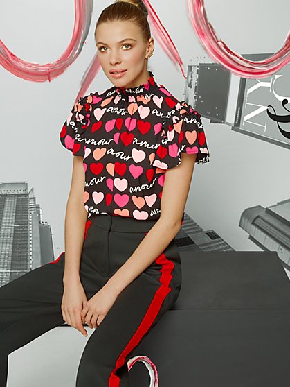 Amour Heart-Print Ruffle-Sleeve Blouse - New York & Company