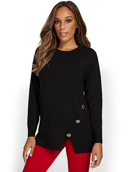 Asymmetric Jewel-Embellished Tunic Sweater - New York & Company