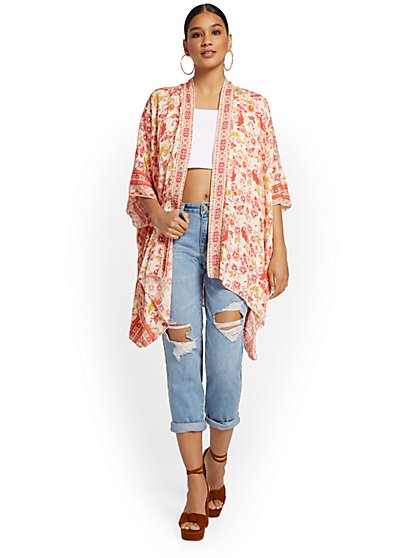 Blush Floral-Print Midi Kimono - Justin Taylor - New York & Company