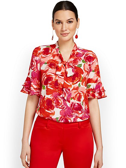 Bow-Neck Ruffle-Sleeve Blouse - Floral-Print - New York & Company