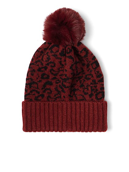 Burgundy Leopard-Print Pom-Pom Knit Hat - New York & Company