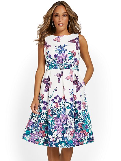 Butterfly-Print Flare Dress - New York & Company