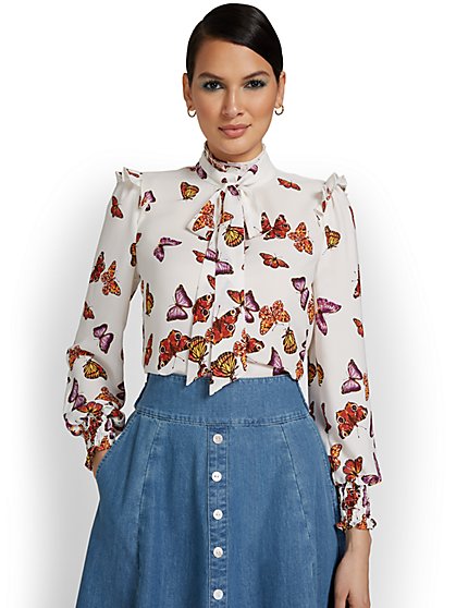 Butterfly-Print Long-Sleeve Bow-Neck Blouse - New York & Company