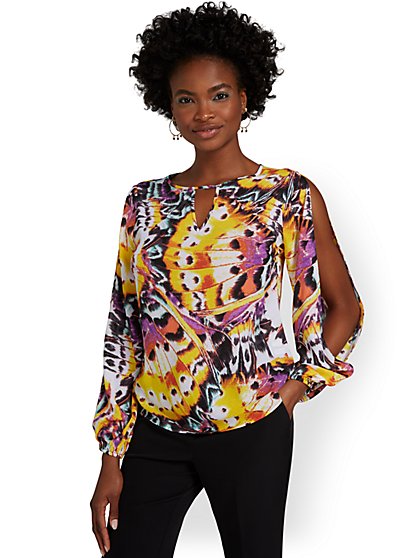 Butterfly-Print Open-Sleeve Blouse - New York & Company