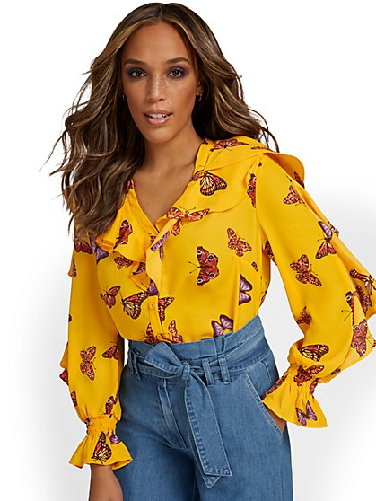Butterfly-Print Ruffle Blouse - New York & Company