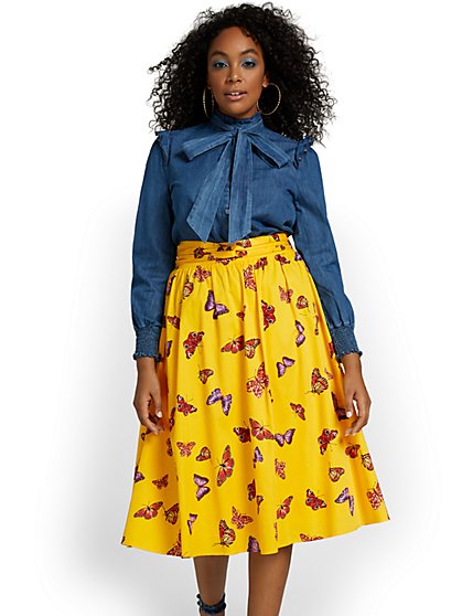 Butterfly-Print Tie-Waist Midi Skirt - New York & Company