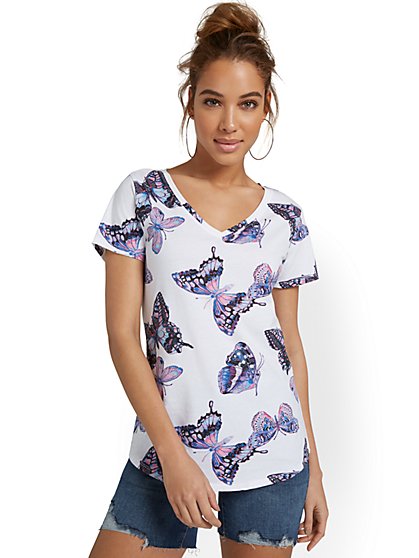 Butterfly-Print V-Neck Perfect Tee - New York & Company