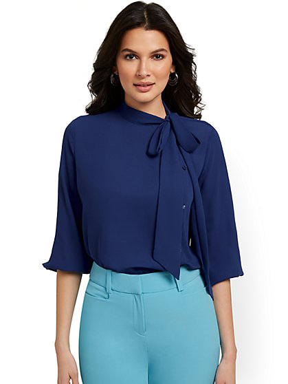 Button-Front Bow-Neck Blouse - New York & Company