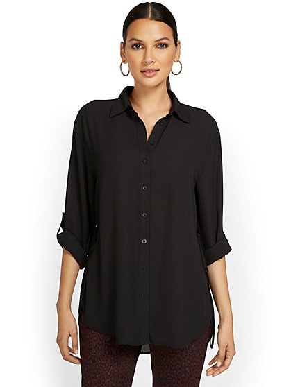 Button-Front Cinched-Waist Blouse - New York & Company