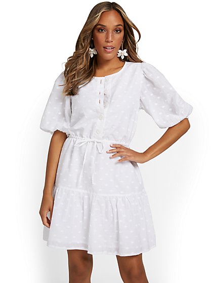 Button-Front Puff-Sleeve Tiered Dress - New York & Company
