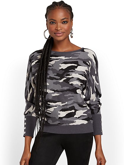 Button-Sleeve Dolman Sweater - Camo-Print - New York & Company