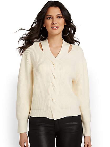 Cable-Knit Cut-Out Sweater - Lumiere - New York & Company