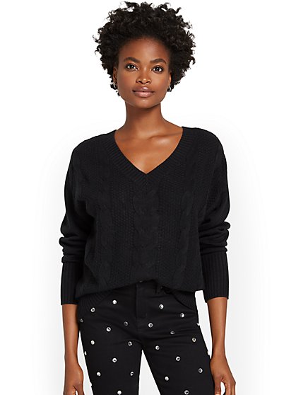 Cable-Knit V-Neck Sweater - New York & Company