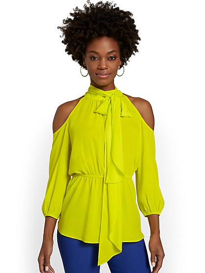 Cold-Shoulder Bow-Neck Peplum Blouse - New York & Company
