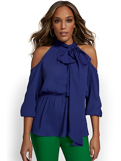 Cold-Shoulder Bow-Neck Peplum Blouse - New York & Company