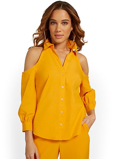 Cold-Shoulder Button-Front Poplin Shirt - New York & Company