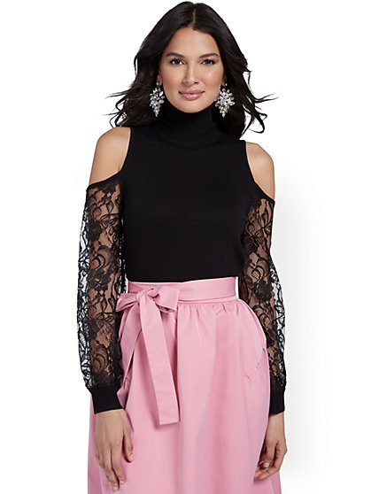 Cold-Shoulder Lace-Sleeve Turtleneck Sweater - New York & Company