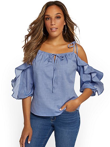 Cold-Shoulder Ruffle Top - Light Wash - New York & Company