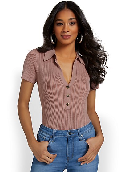 Collared Button-Front Ribbed Top - Allie Rose - New York & Company