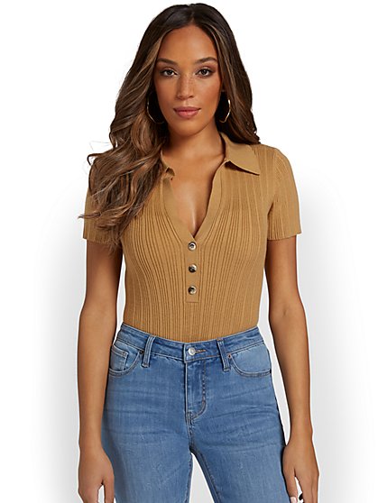 Collared Button-Front Ribbed Top - Allie Rose - New York & Company