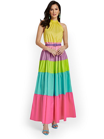 Colorblock Halterneck Poplin Maxi Dress - New York & Company