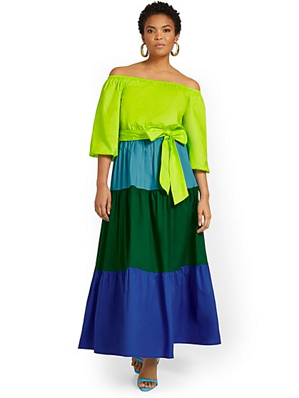 Colorblock Off-The-Shoulder Poplin Maxi Dress - New York & Company