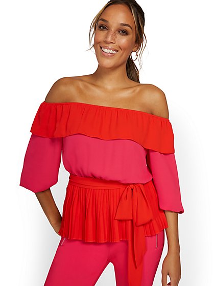 Colorblock Off-The-Shoulder Tie-Waist Blouse - New York & Company
