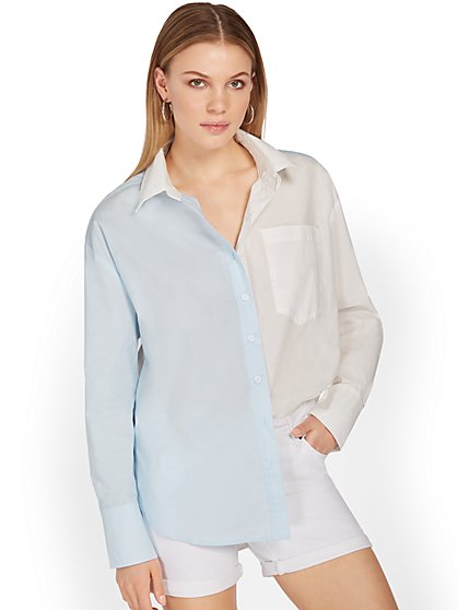 Colorblock Poplin Button-Front Shirt - Aaron & Amber - New York & Company