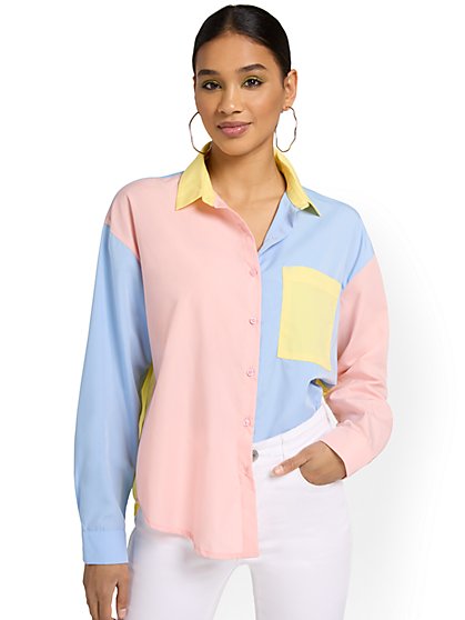 Colorblock Poplin Button-Front Top - The Timing - New York & Company