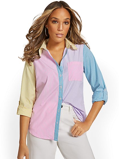 Colorblock Striped Button-Front Shirt - New York & Company