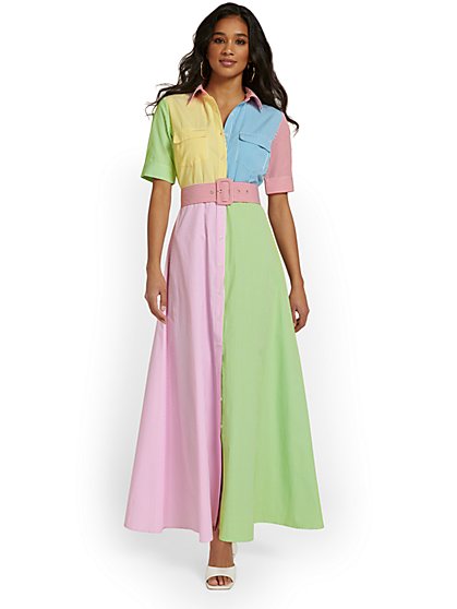Colorblock Striped Poplin Maxi Shirtdress - New York & Company