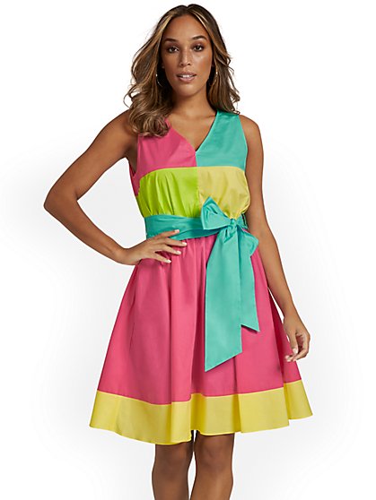 Colorblock Tie-Waist Flare Poplin Dress - New York & Company