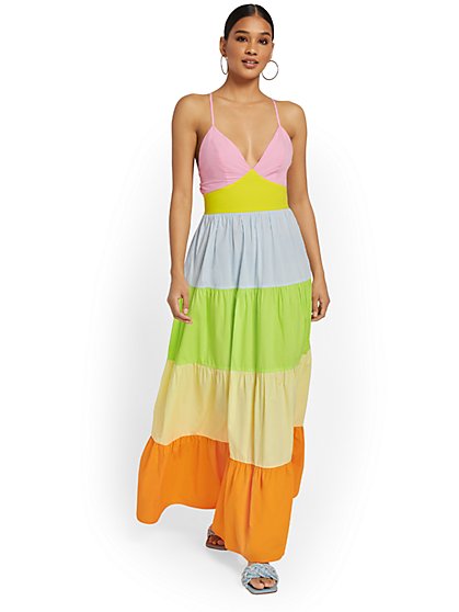 Colorblock Tiered Poplin Dress - Flying Tomato - New York & Company