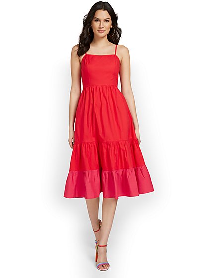 Colorblock Tiered Poplin Midi Dress - New York & Company