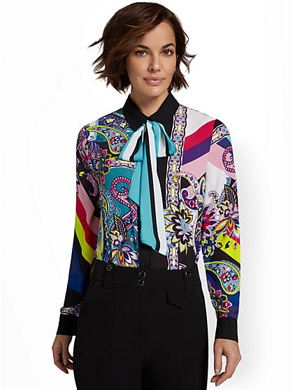 Contrast Printed Bow Blouse - New York & Company