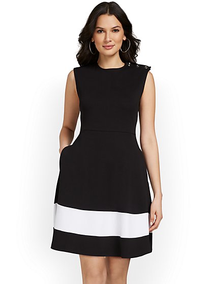 Contrast-Stipe Shoulder-Button Flare Dress - City Knits - New York & Company