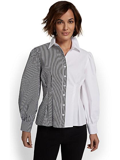 Contrast-Stripe Button-Front Poplin Shirt - New York & Company